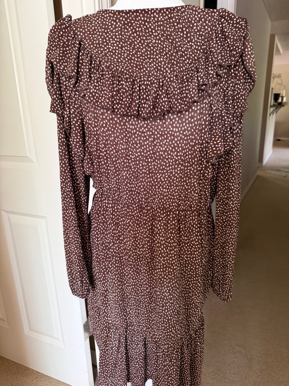 Mango Brown Long-Sleeve Ruffle Polka Dot Dress